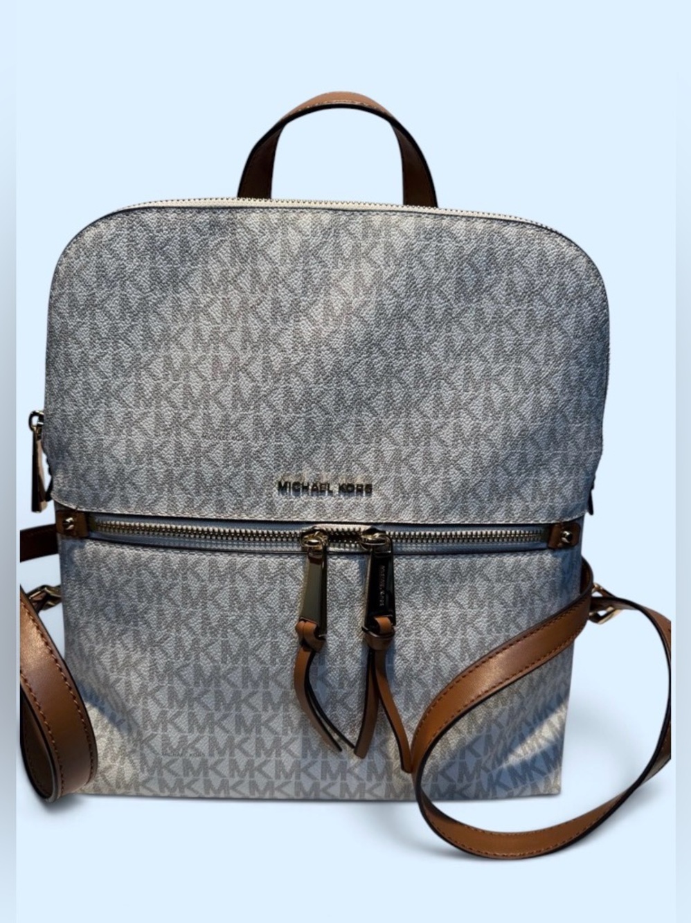 Michael Kors Gray MK Signature Backpack with Brown Leather Trim